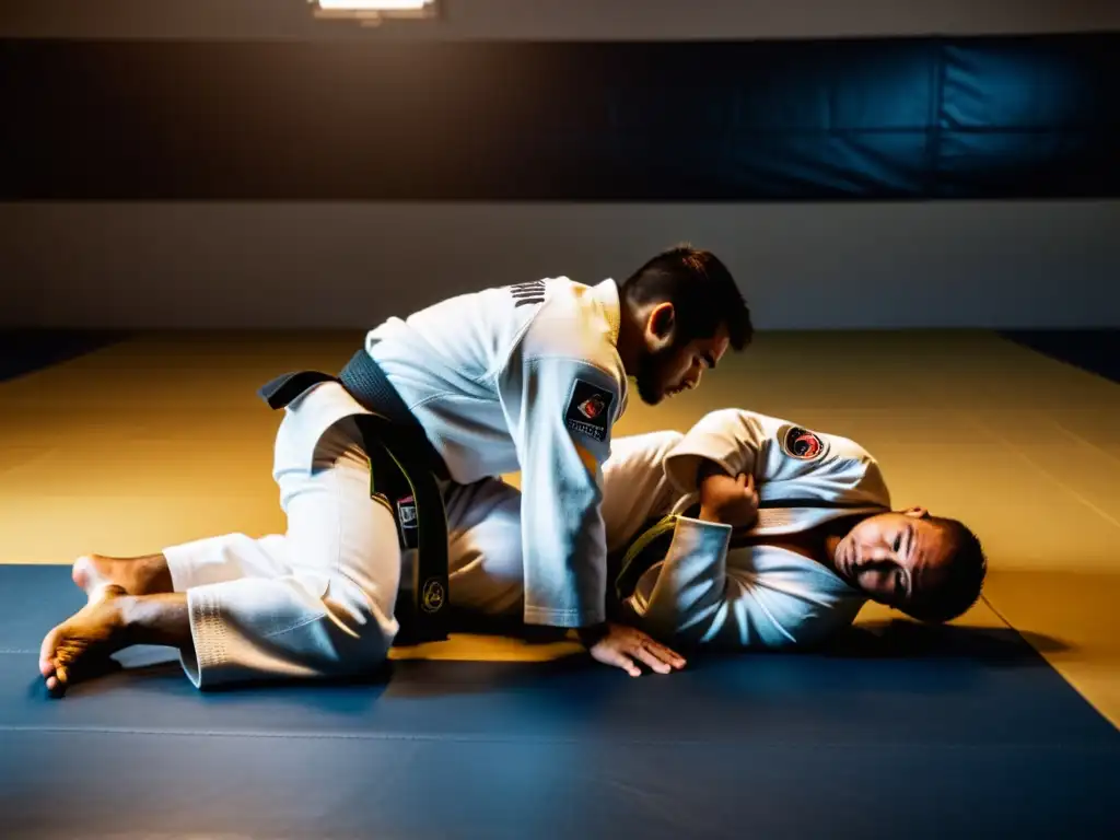 Combate de Jiu Jitsu en la penumbra: intensidad y determinación Practicantes de Jiu Jitsu Brasileño en intensa sesión de sparring, destacando beneficios salud mental