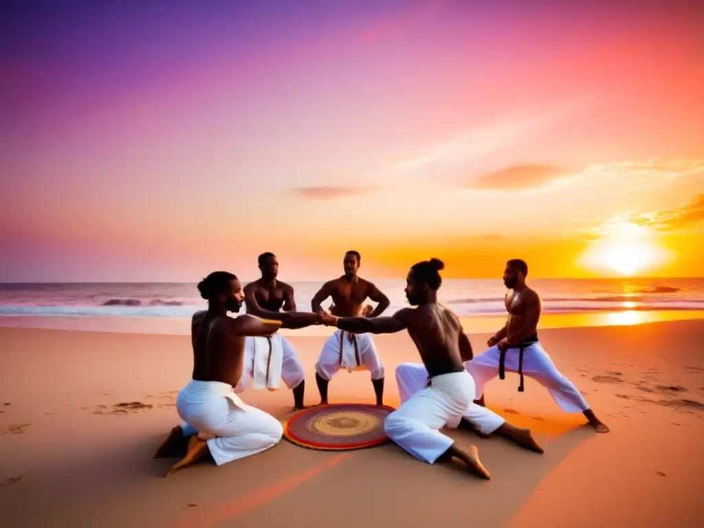 Practicantes de Capoeira Angola en círculo en la playa al atardecer, mostrando tradición afrobrasileña y vitalidad