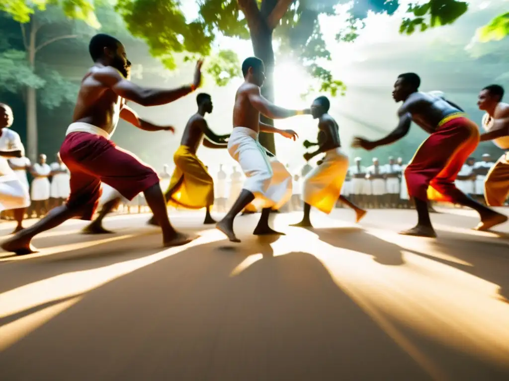 Practicantes de Capoeira Angola en círculo, movimientos veloces y gráciles, colores vibrantes y tradición afrobrasileña