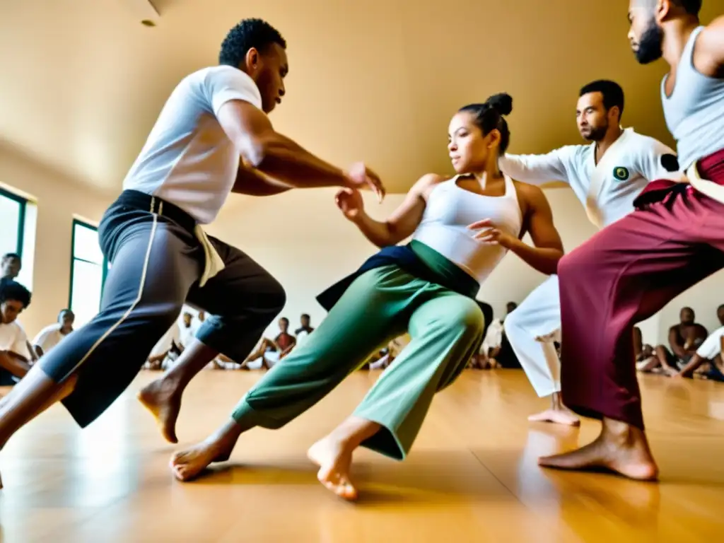 Practicantes de capoeira en círculo, con movimientos dinámicos