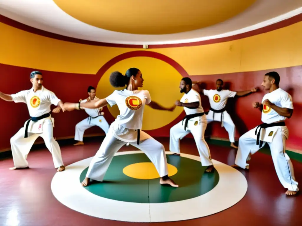 Practicantes de capoeira en círculo, vistiendo trajes blancos, en un centro de entrenamiento tradicional con paredes rojas y amarillas