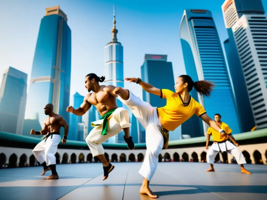 Practicantes de capoeira en una ciudad asiática, fusionando elementos culturales de ambos continentes, mostrando agilidad y fuerza