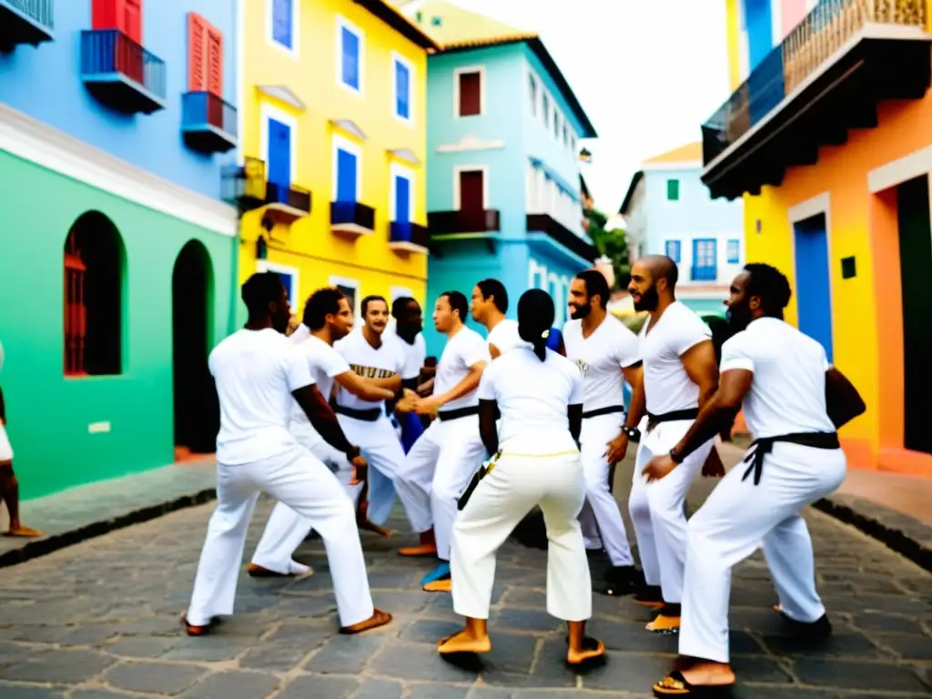 Practicantes de capoeira en Salvador de Bahía, Brasil, realizando una dinámica roda de capoeira en el centro histórico