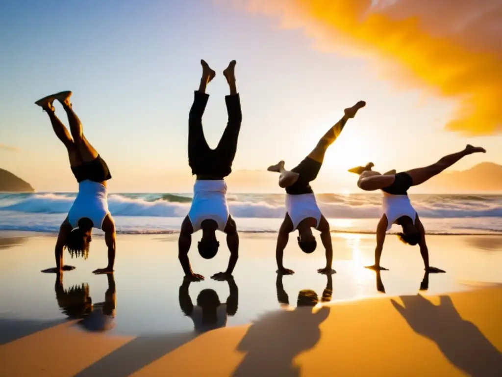 Practicantes de Capoeira realizando entrenamiento acrobático en la playa al atardecer, mostrando fuerza y determinación