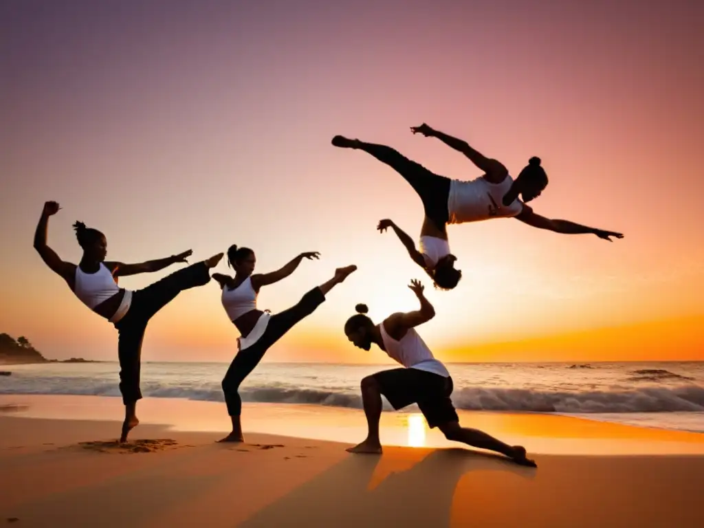 Practicantes de capoeira demostrando flexibilidad en la playa al atardecer, capturando la esencia dinámica y grácil de la disciplina