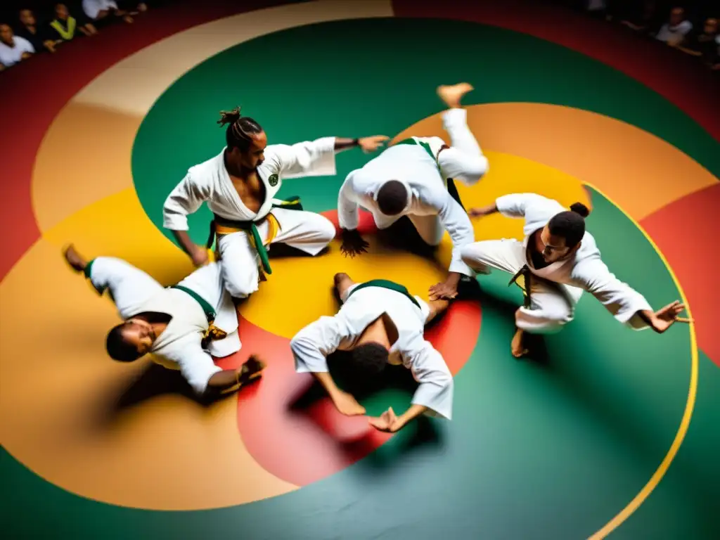 Practicantes de capoeira en movimiento sincronizado, reflejando pasión y destreza en puntuación en rodas de Capoeira