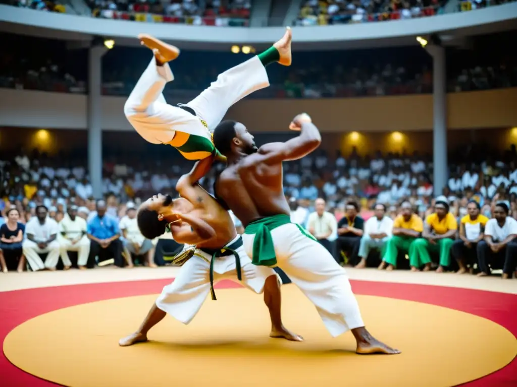 Dos practicantes de capoeira, uno en movimientos dinámicos de Capoeira Regional y otro en movimientos bajos de Capoeira Angola