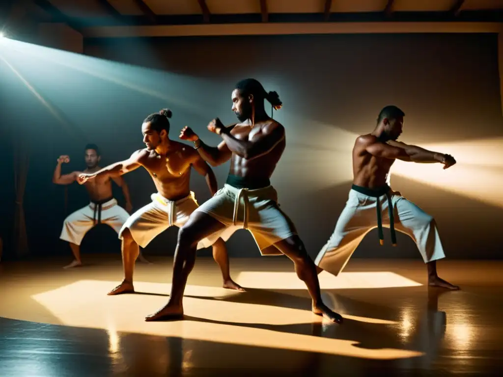 Practicantes de capoeira ejecutan movimientos poderosos y precisos en un estudio atmosférico