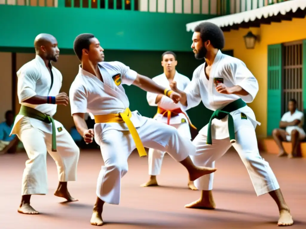 Practicantes de capoeira en un patio vibrante bajo el sol, mostrando la energía y fluidez de este arte marcial afrobrasileño