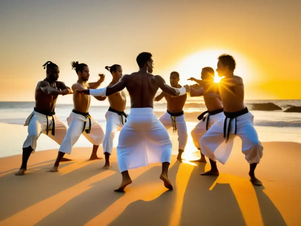 Practicantes de capoeira en la playa al atardecer, demostrando pasión y destreza en la participación en eventos y competiciones de Capoeira