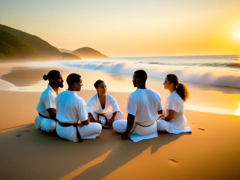 Practicantes de capoeira en la playa al amanecer, expresando gracia y determinación