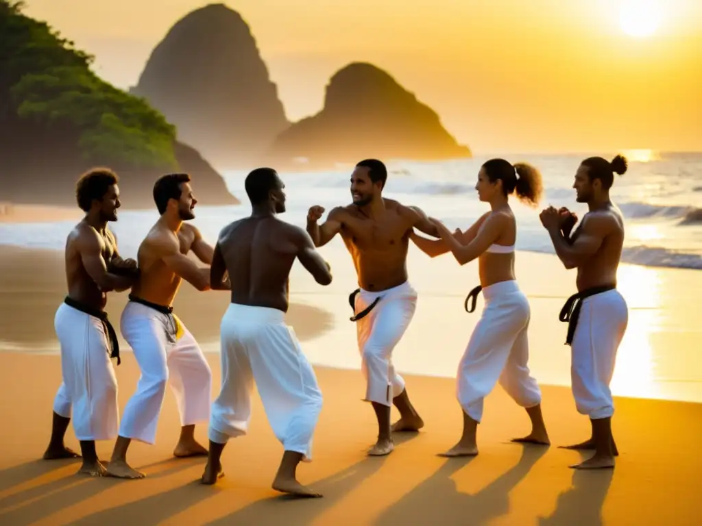 Practicantes de capoeira en la playa de Brasil al atardecer, transmitiendo la pasión del arte marcial