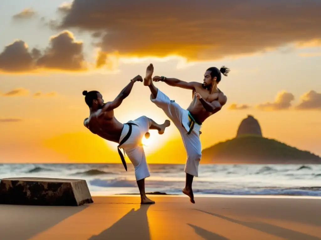 Dos practicantes de capoeira en pleno salto acrobático al atardecer brasileño, capturando la esencia del arte marcial brasileño