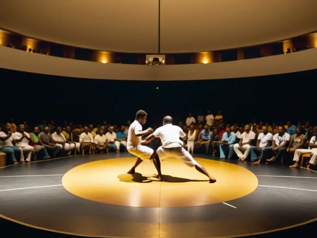 Dos practicantes de capoeira en un roda: uno realiza Capoeira Regional con energía dinámica, el otro Capoeira Angola con movimientos deliberados