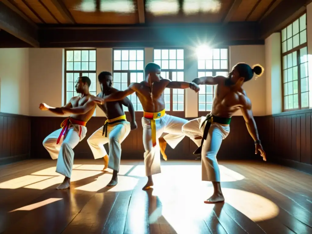 Practicantes de capoeira en roda dentro de un edificio histórico, demostrando la eficacia y autodefensa de esta poderosa arte marcial