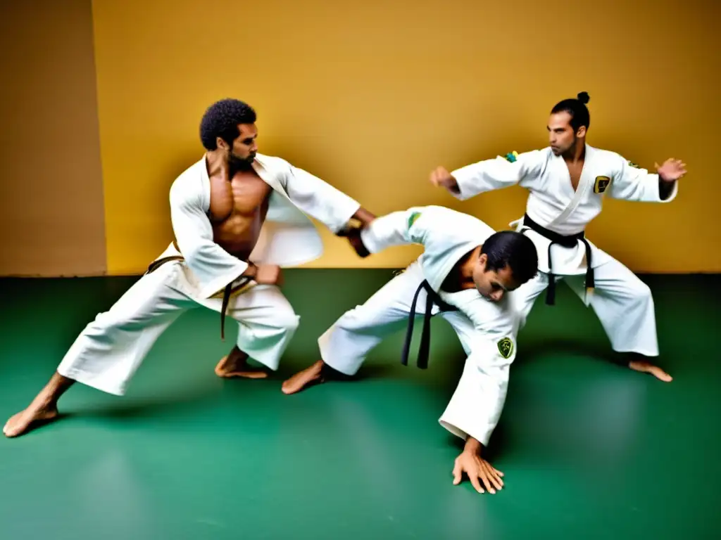 Practicantes de capoeira en una roda, demostrando estrategias capoeira juego roda con movimientos dinámicos y expresiones intensas