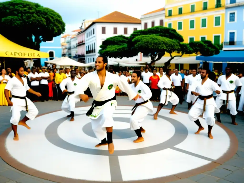 Practicantes de capoeira en Salvador, Brasil, realizando una roda en una plaza vibrante