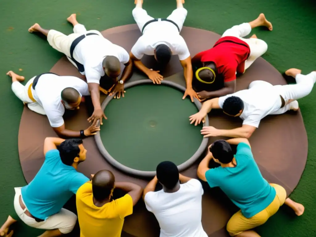 Practicantes de capoeira en un roda, rodeados de espectadores