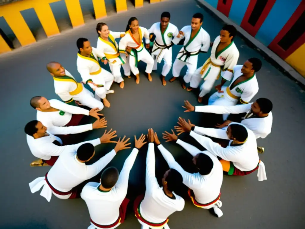 Practicantes de capoeira en Salvador de Bahía, Brasil, realizando una roda vibrante en las coloridas calles