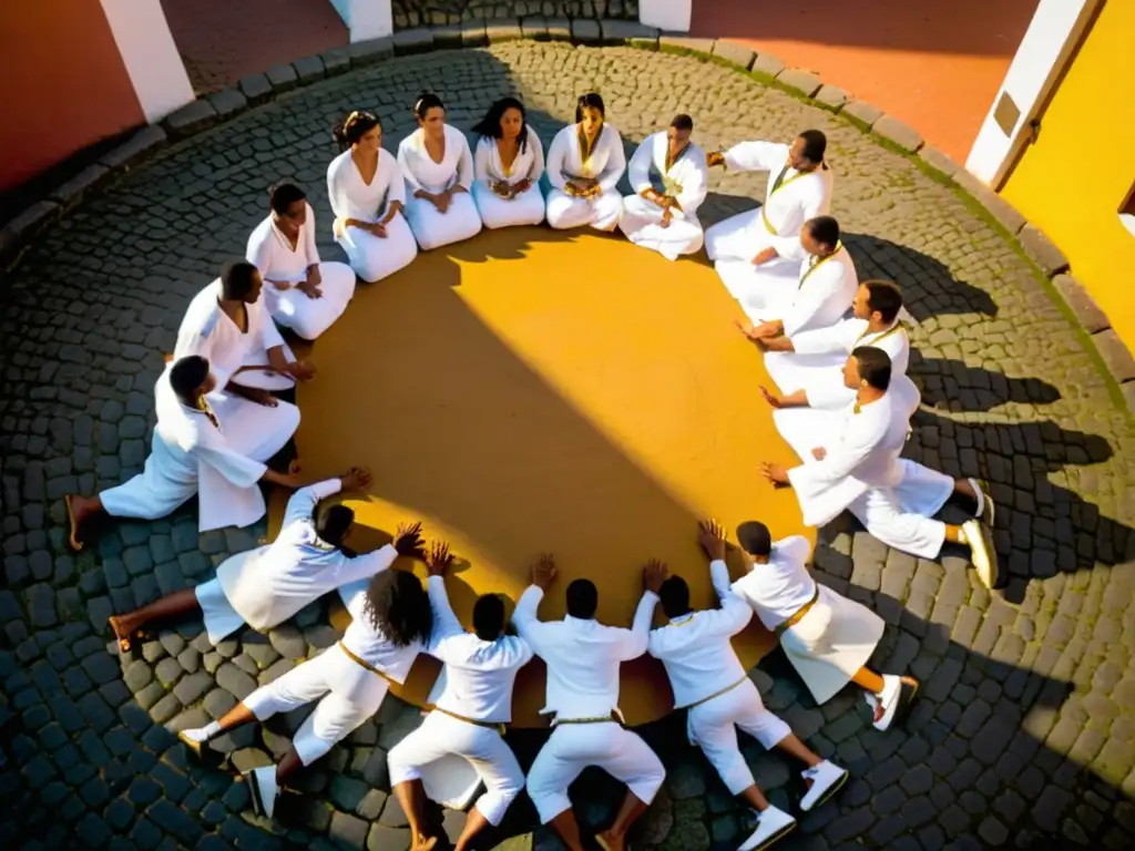 Practicantes de capoeira en Salvador de Bahía, Brasil, visten ropa blanca y forman un círculo en una plaza empedrada al atardecer