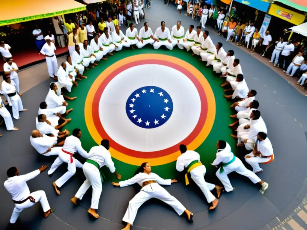 Practicantes de capoeira en vibrante mercado brasileño, mostrando raíces culturales capoeira arte marcial