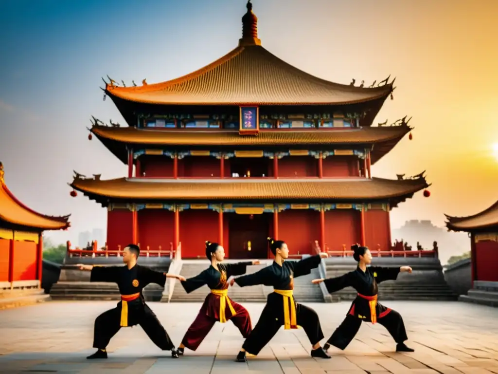 Practicantes de wushu chino realizan rutina sincronizada frente a pagoda al atardecer, destacando el soft power del Wushu en China