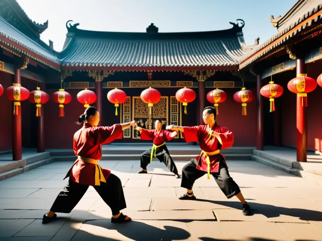 Practicantes de Choy Li Fut realizan técnicas en un patio chino tradicional, con decoración roja y dorada vibrante