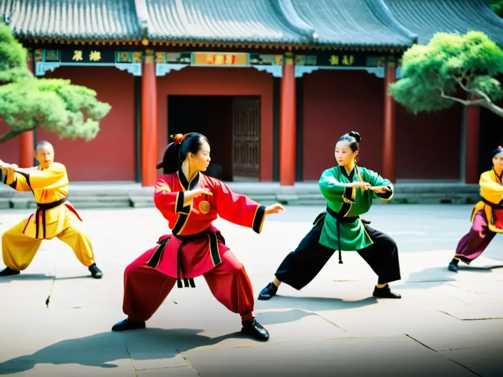 Practicantes de Choy Li Fut realizan técnicas en un patio chino, destacando la fluidez y poder de este arte marcial ancestral