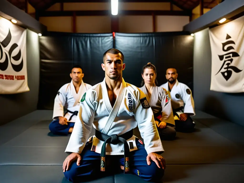 Practicantes de Jiu Jitsu en un dojo, mostrando determinación y técnica