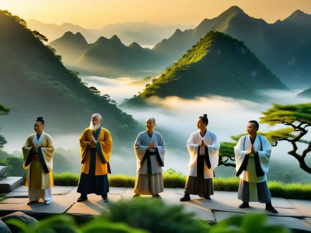 Sabios chinos practicando Chi Kung al amanecer en la naturaleza Practicantes de Chi Kung conectan con la energía natural al amanecer en las montañas