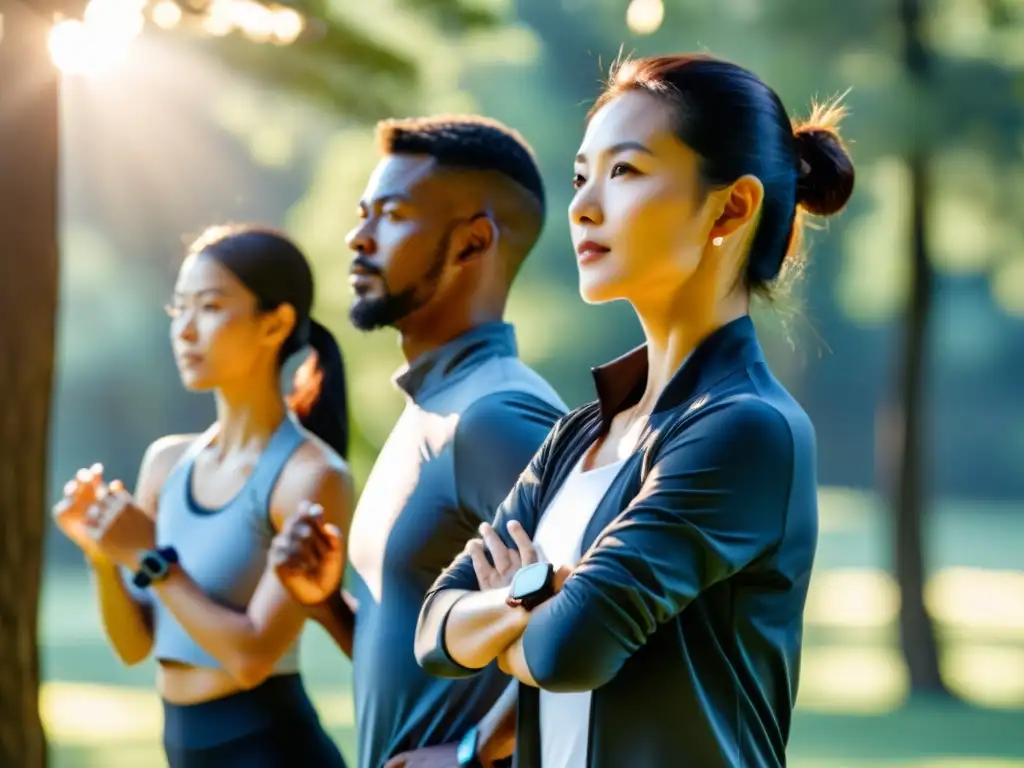 Practicantes de Tai Chi con wearables en entorno sereno, fusionando tradición con innovación