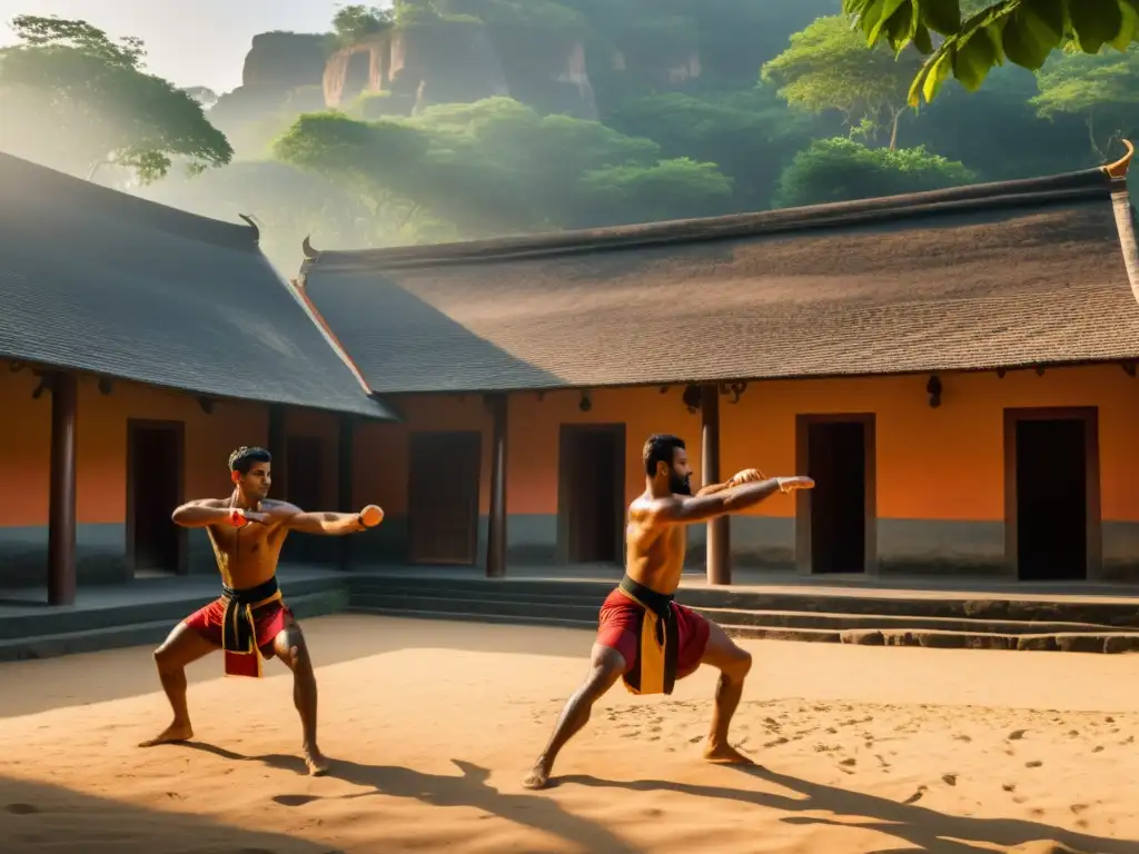 Practicantes de Kalaripayattu en un entrenamiento al atardecer, demostrando su destreza en un entorno tradicional