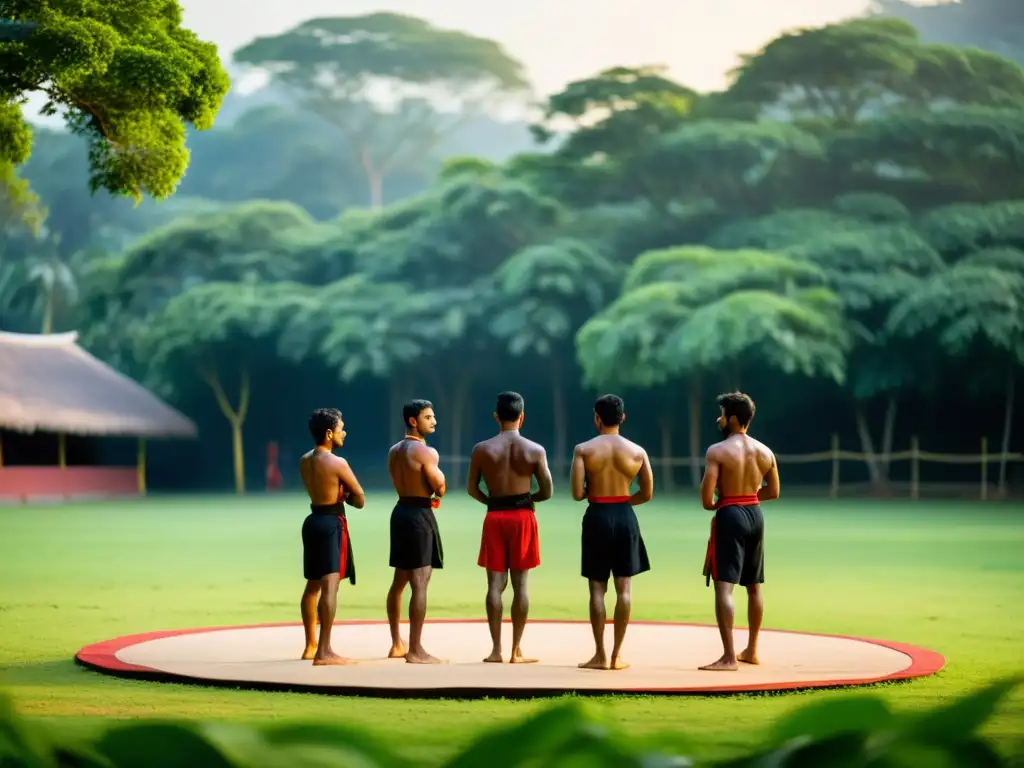 Practicantes de Kalaripayattu realizan entrenamiento físico en un kalari rodeado de exuberante vegetación al amanecer, mostrando fuerza y disciplina