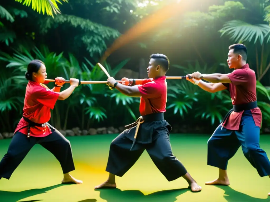 Practicantes de Eskrima realizan demostración en entorno tropical