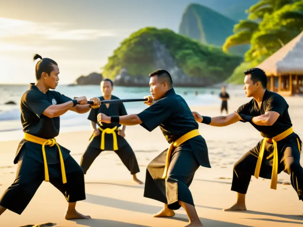 Practicantes de Eskrima filipino en la playa, mostrando su destreza en el arte del Eskrima en Filipinas, con fondo de palmeras y el mar