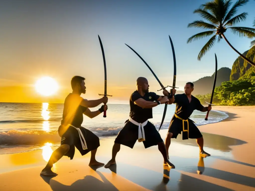 Practicantes de Eskrima en una playa de Filipinas al atardecer, mostrando la belleza de los retiros de artes marciales en Filipinas