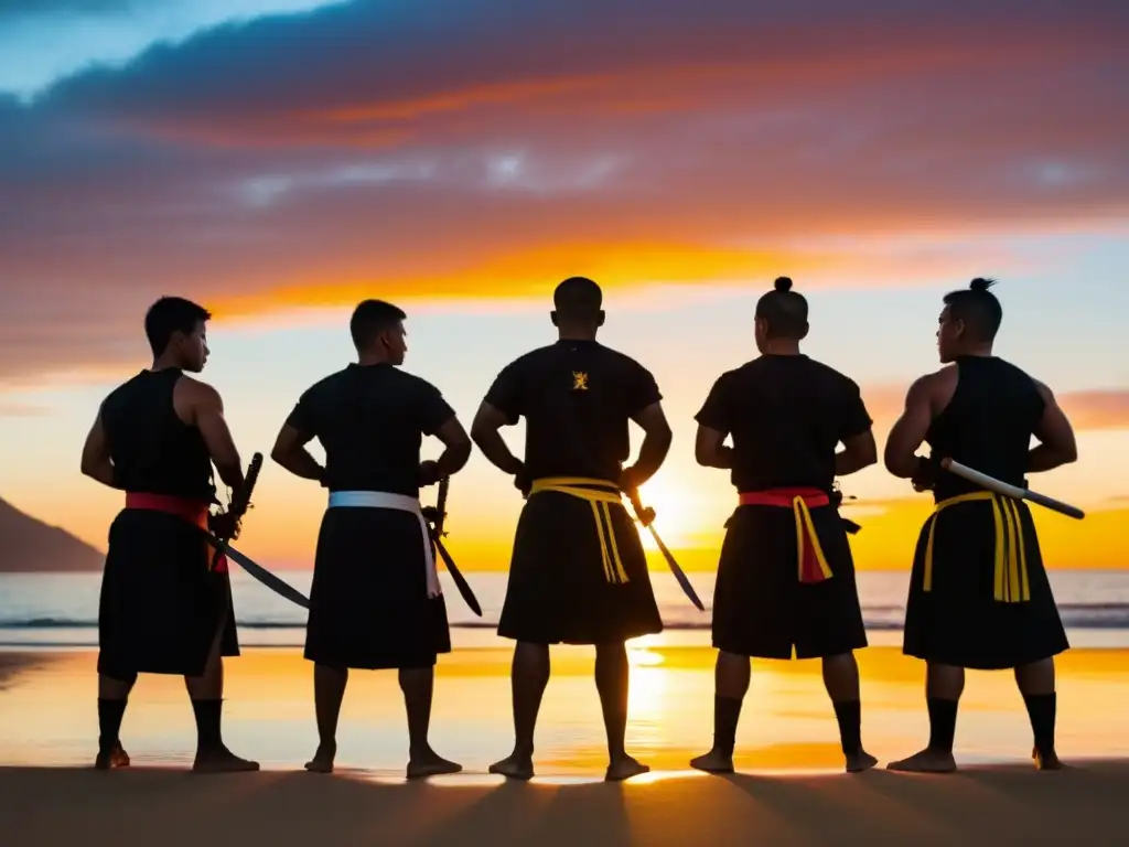 Practicantes de Eskrima en la playa al amanecer, con determinación