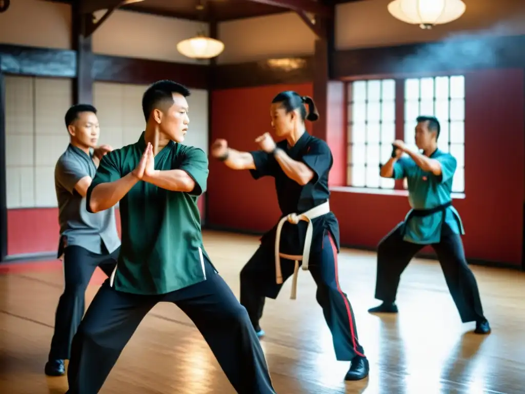 Practicantes de Wing Chun se entrenan con determinación en un estudio tradicional de artes marciales