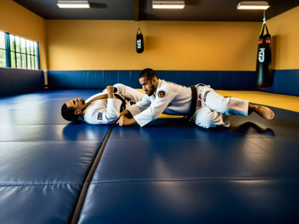 Practicantes de Brazilian JiuJitsu entrenando con determinación en un gimnasio digital