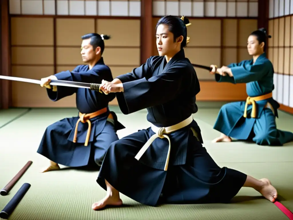 Practicantes de Iaido y Kendo demostrando sus habilidades en un dojo japonés, transmitiendo disciplina y tradición