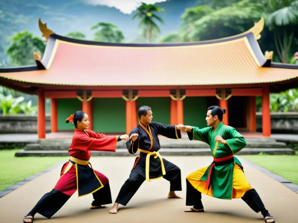 Practicantes de Pencak Silat en Indonesia ejecutan una danza marcial tradicional en un entorno vibrante, mostrando destreza y gracia