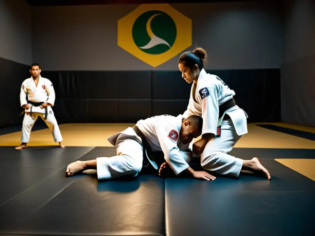 Practicantes de Brazilian JiuJitsu en intensa sesión de entrenamiento en una academia