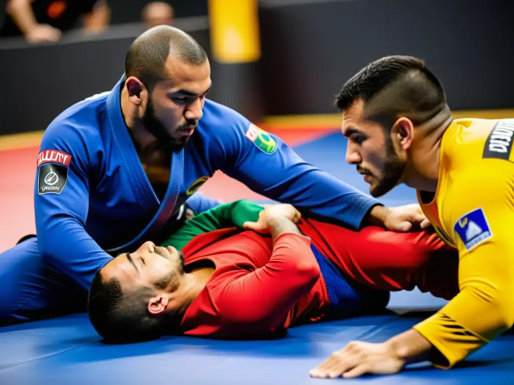 Practicantes de BJJ en intensa sesión de grappling, luciendo los mejores rashguards para grappling BJJ, mostrando técnica y determinación