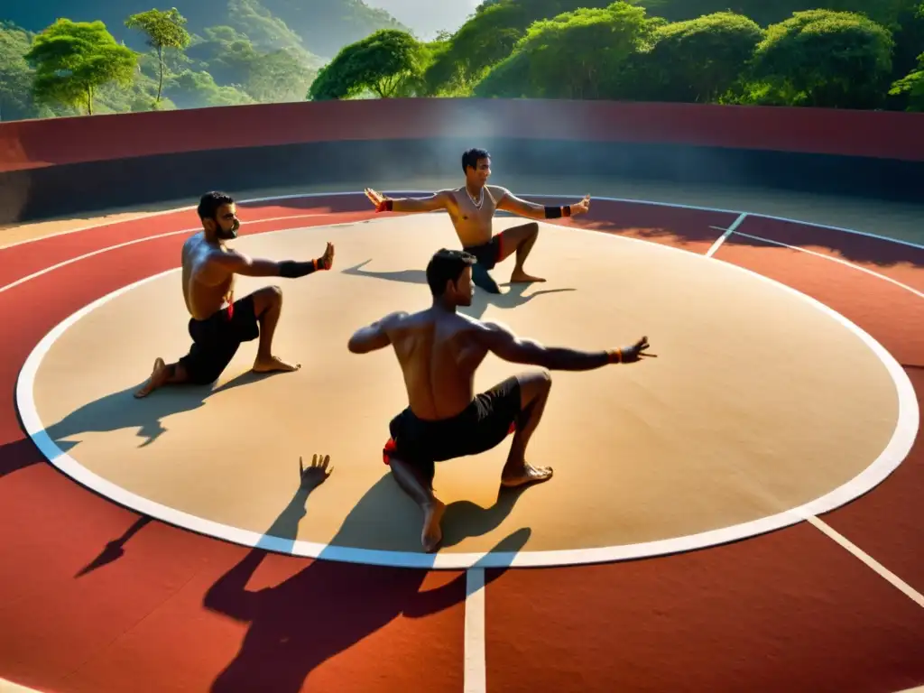 Practicantes de Kalaripayattu en intensa preparación para torneos, mostrando gracia y disciplina en su entrenamiento al aire libre al amanecer