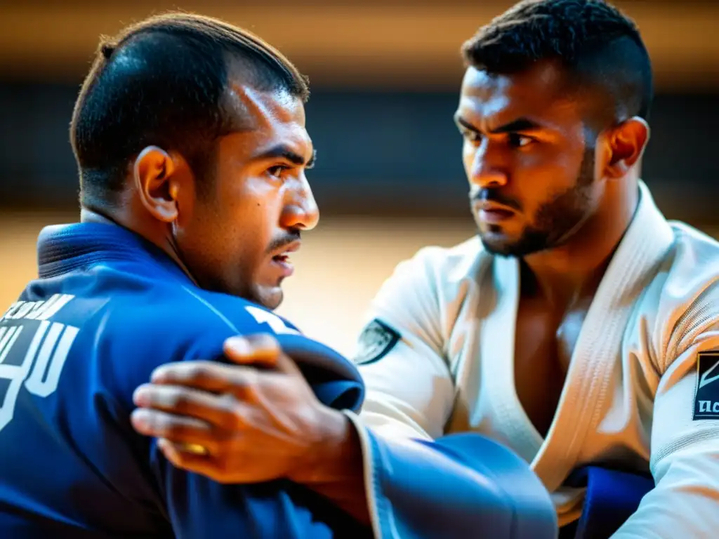 Combate intenso de Brazilian JiuJitsu: fuerza y determinación Dos practicantes de Brazilian JiuJitsu en un intenso combate, mostrando beneficios cardiovasculares del JiuJitsu Brasileño