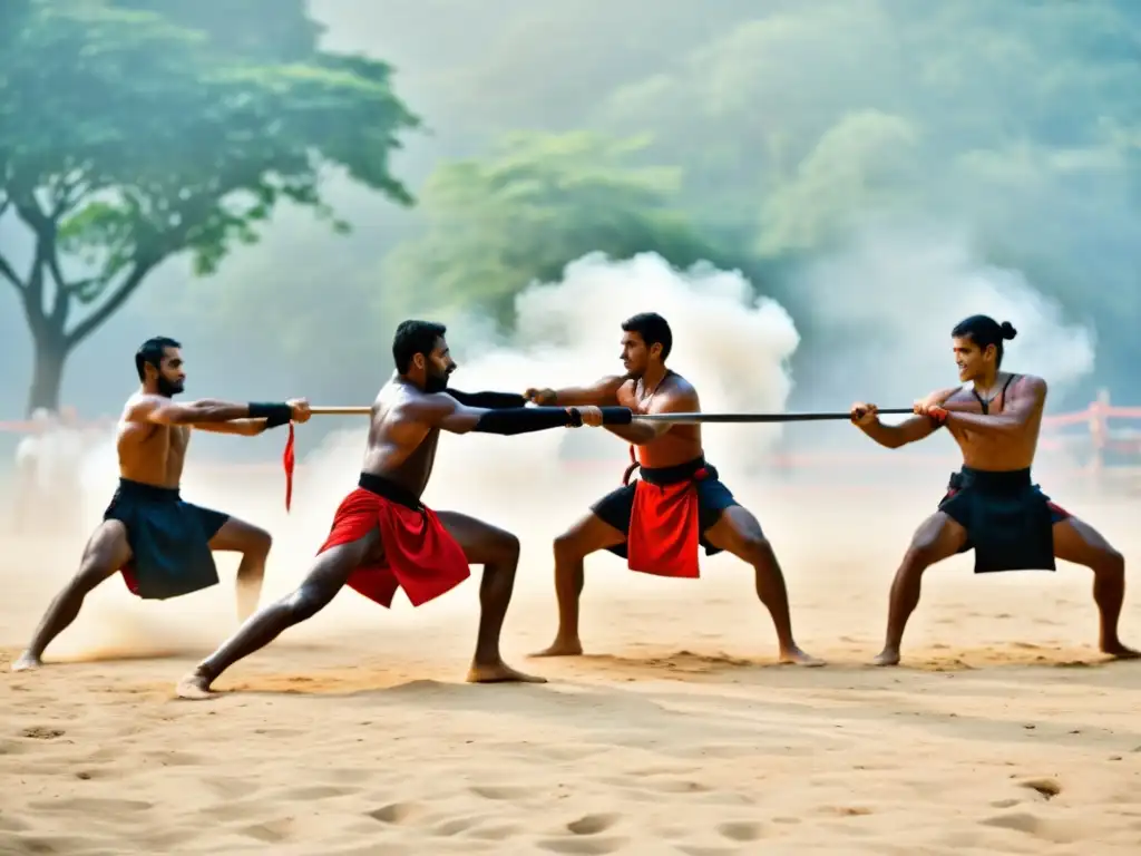 Practicantes de Kalaripayattu realizan un intenso entrenamiento físico al aire libre, envueltos en la atmósfera mística de la mañana