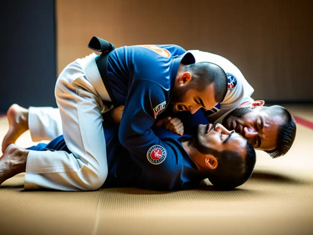 Intenso intercambio de JiuJitsu: Determinación en acción Dos practicantes de Jiu Jitsu en un intenso intercambio en un tatami, demostrando destreza y concentración