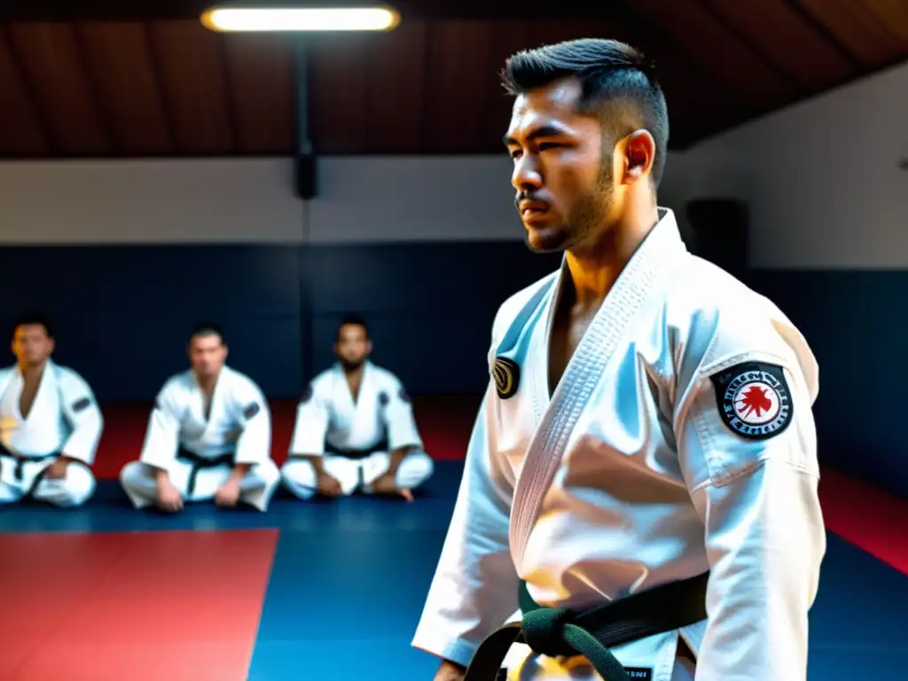 Practicantes de JiuJitsu en Gi blanco, concentrados y enérgicos en un dojo iluminado, listos para su sesión de entrenamiento