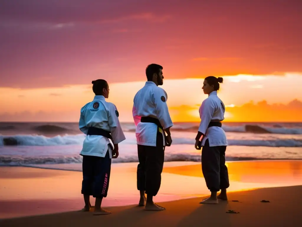 Practicantes de JiuJitsu Brasileño realizan ejercicios matutinos en la playa de Río de Janeiro, con el amanecer como telón de fondo