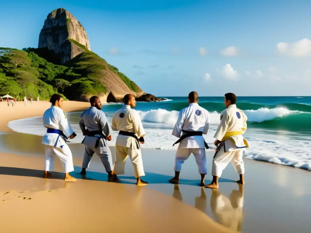 'Practicantes de JiuJitsu Brasileño impacto cultural, practican en la playa, demostrando la fluidez y gracia de su arte